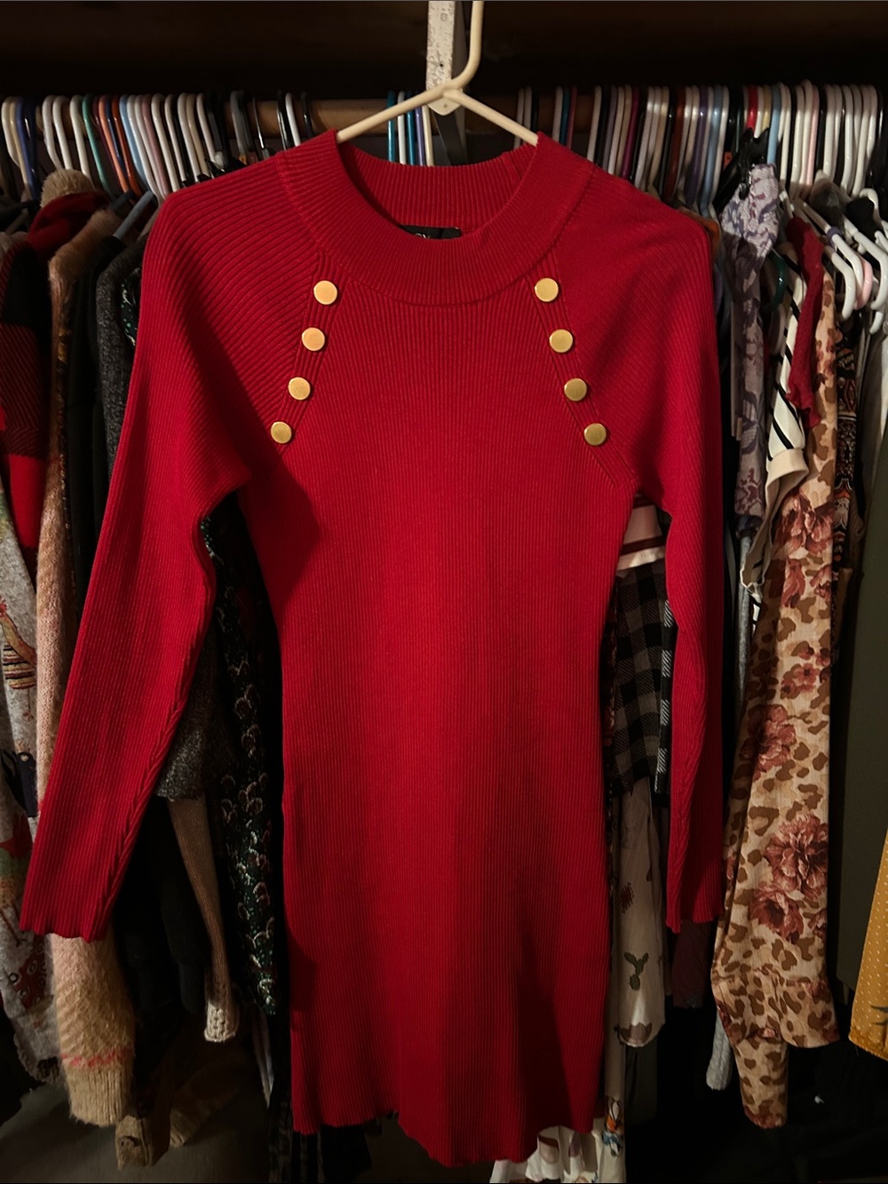 Red Long-Sleeve Ribbed Knit Dress with Gold Buttons